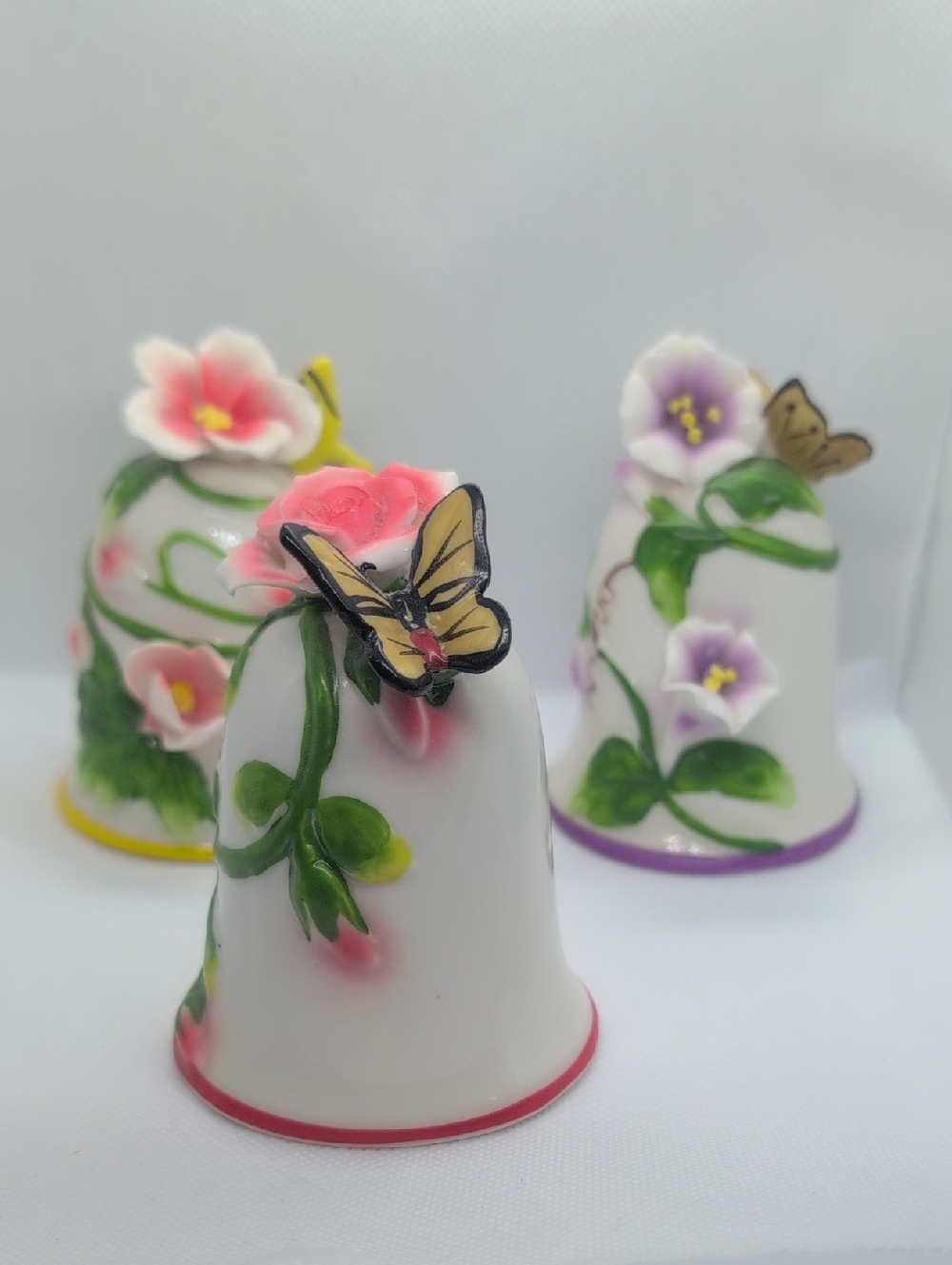 Vintage Porcelain Floral Bell with Butterfly Accent - White & Pink